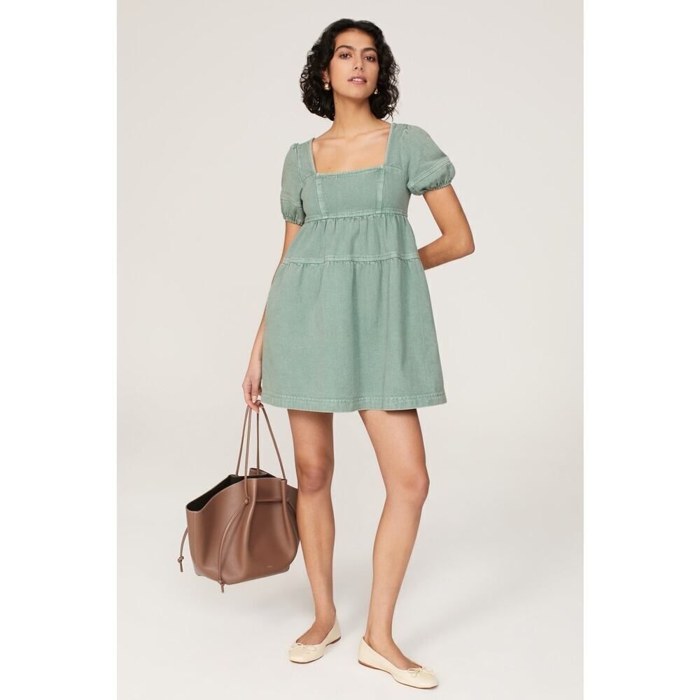Louna Denim Mini Dress Women's Medium Green Smocked Babydoll Square Neck RTR